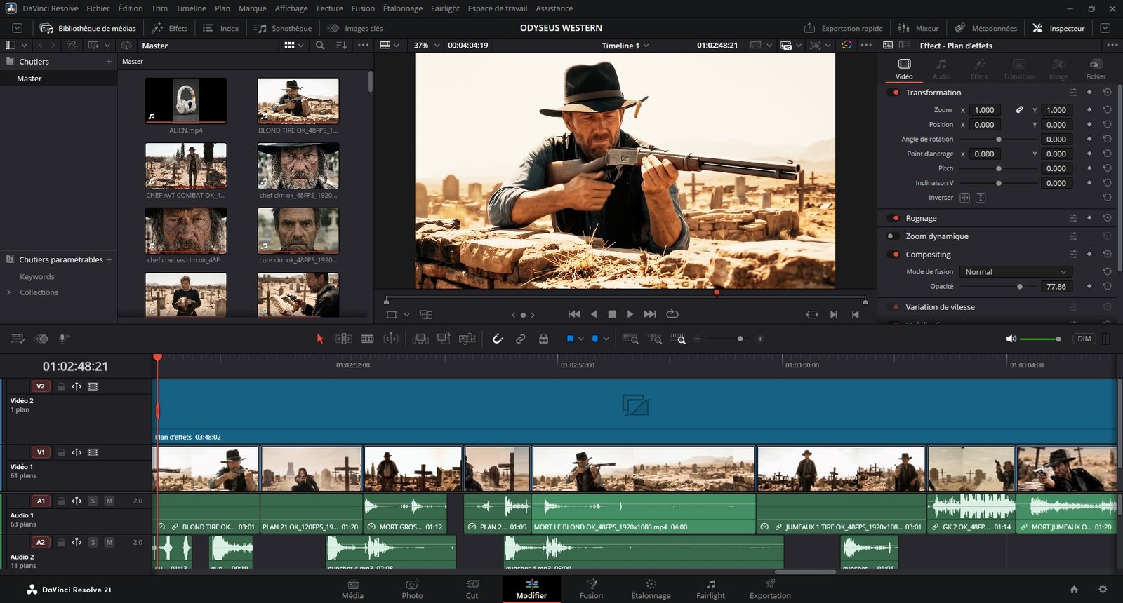 Montage & narration — DaVinci Resolve — Six Guns ODYSSEUS